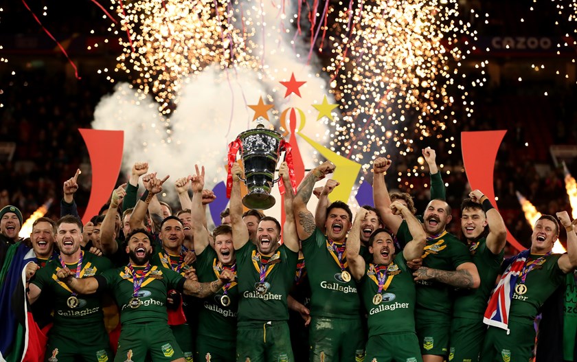 The Kangaroos celebrate winning the 2022 World Cup final against Samoa at Old Trafford