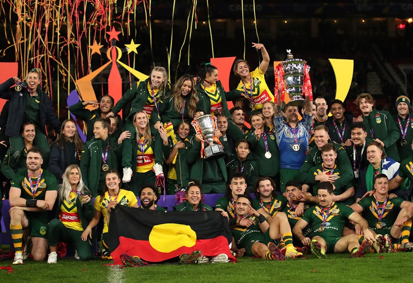 The Kangaroos and Jillaroos celebrate their World Cup success at Old Trafford