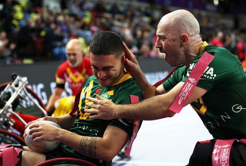 Cory Cannane and Brad Grove celebrate for the Wheelaroos.