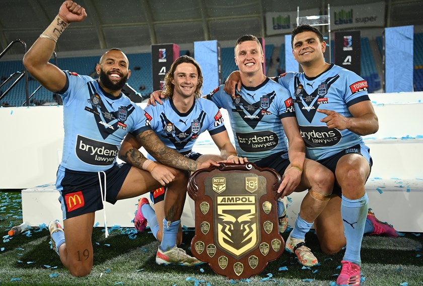 Latrell Mitchell with Nicho Hynes, Josh Addo-Carr and Jack Wighton in 2021.