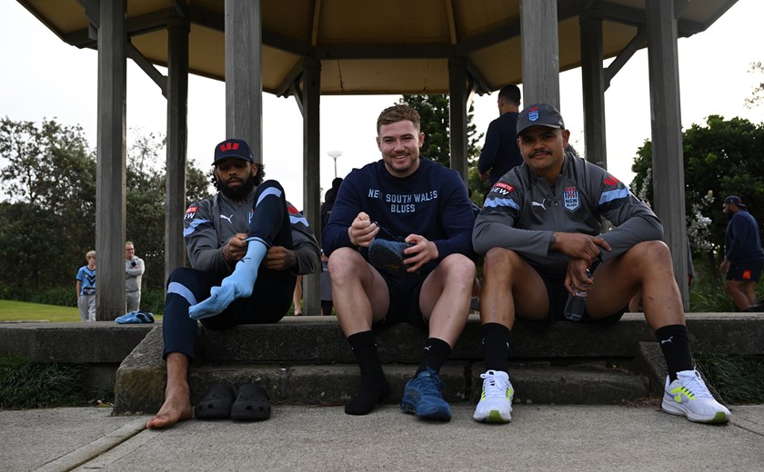 Latrell Mitchell with debutant Hudson Young and Josh Addo-Carr ahead of training on Friday.
