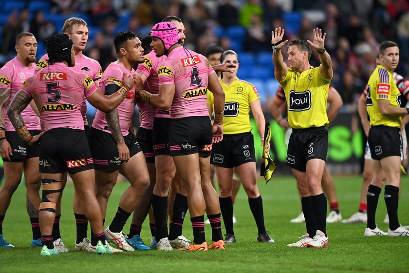 Panthers team-mates had to convince Spencer Leniu to leave the field after being sinbinned