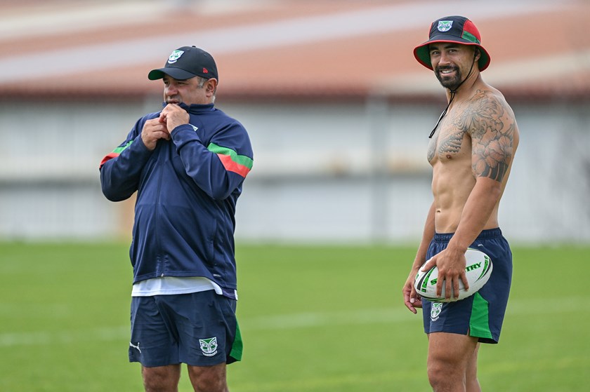Stacey Jones and Shaun Johnson at Warriors training earlier this season