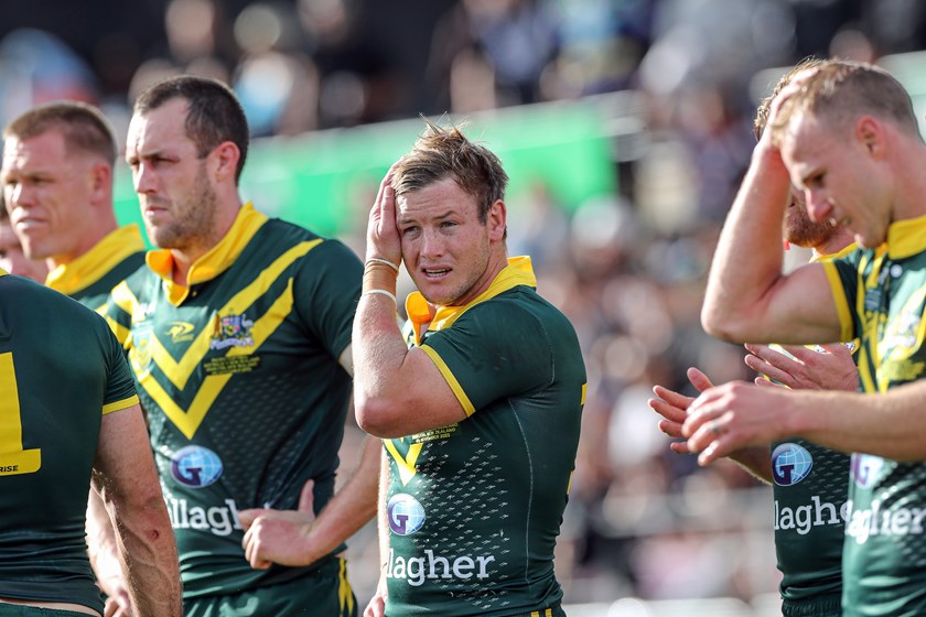 Devastated Kangaroos players after their record 30-0 loss to New Zealand in the 2023 Pacific Championships final