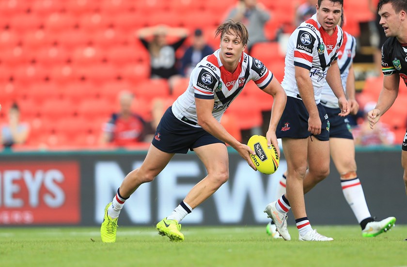 Marschke fires  a pass out of dummy half for the Roosters' NYC side in 2017.