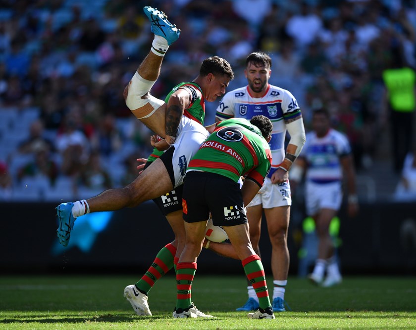 Latrell Mitchell and Cody Walker (No.6) during the lifting tackle on Tohu Harris which saw Mitchell placed on report. 