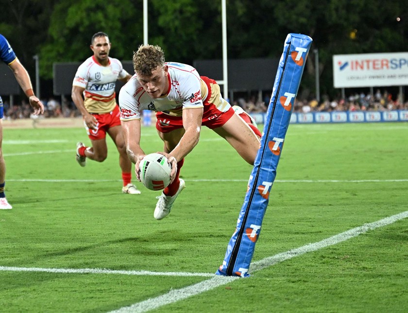 Dolphins winger Jack Bostock scores in the corner in Friday's victory over the Eels