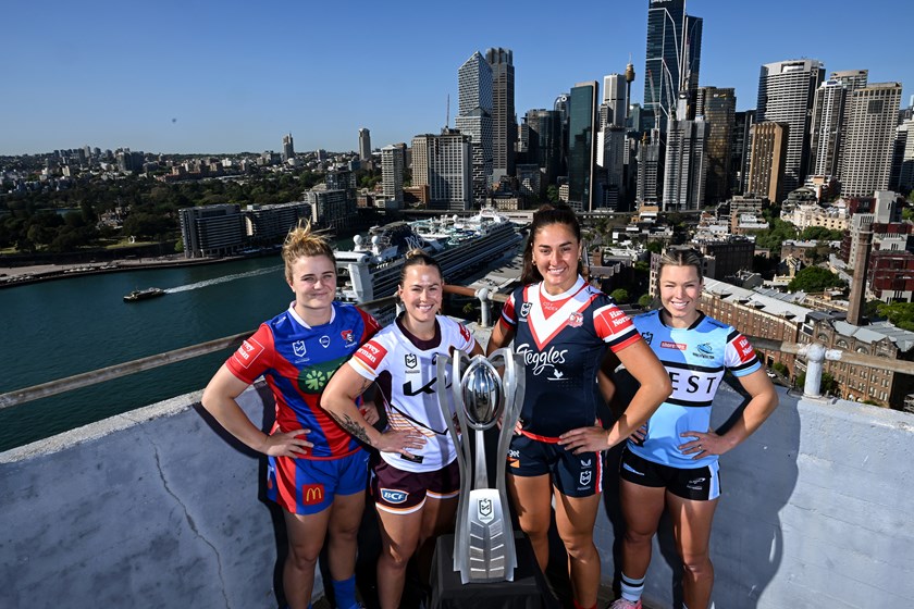 Hannah Southwell (Knights), Keilee Joseph (Broncos), Olivia Kernick (Roosters) and Emma Tonegato (Sharks) at the NRLW Finals launch.