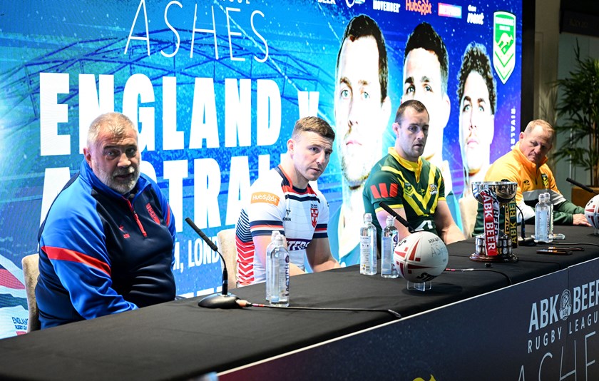 Shaun Wane, George Williams, Isaah Yeo and Kevin Walters front the media at Wembley.