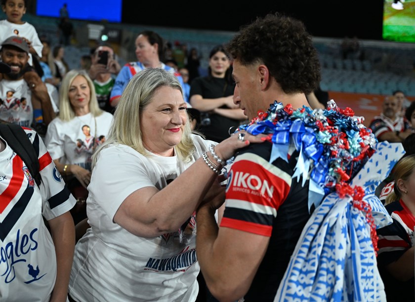 Mark Nawaqanitawase's biggest fan, mum Fiona, congratulates him after last season's Round 27 debut for Sydney Roosters against South Sydney. 