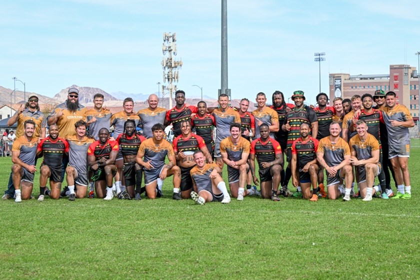 Titans and Roots players come together after the NRL Nines finals in Las Vegas.