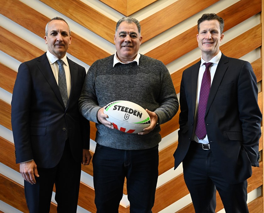 New Perth Bears coach Mal Meninga with NRL CEO Andrew Abdo and the WA-based franchise's CEO Anthony De Ceglie.