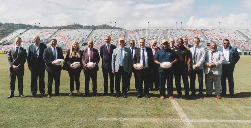 PNG PM James Marape, Minister for Pacific Island Affairs Pat Conroy, ARLC Chair Peter V'landys and Commissioners, NRL CEO Andrew Abdo and inaugural directors of the new PNG franchise.