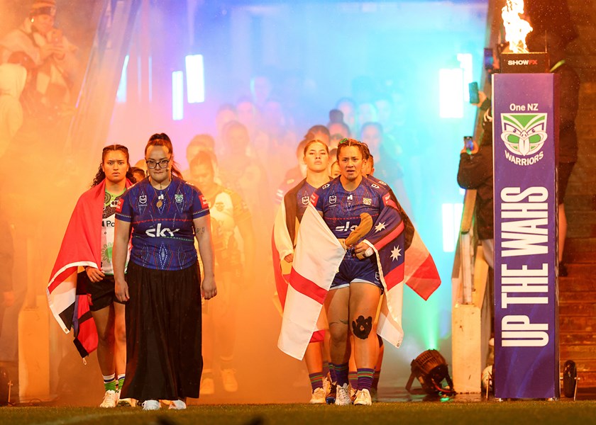 Rima Butler leads the Warriors out in Indigenous Round at Hamilton against the Raiders.