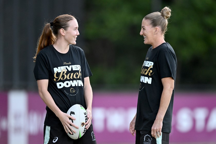 Tamika Upton and Ali Brigginshaw discuss tactics at Broncos training ahead of the 2025 grand final.