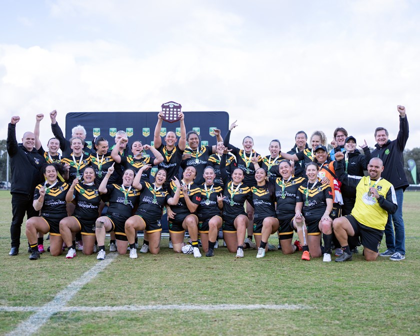 The victorious Western Australia team celebrate their 20-4 defeat of Victoria in the final of the 2025 CAS Championships.