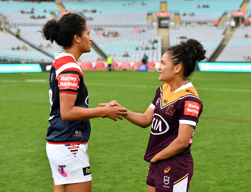 Zehara Temara and sister Chante during the 2020 NRLW season after a Roosters-Broncos clash.