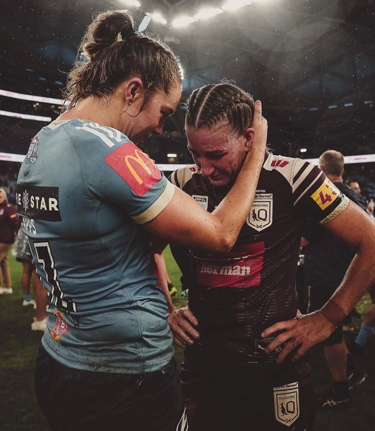 Kezie Apps comforts her Jillaroos co-captain Ali Brigginshaw after NSW sealed the State of Origin series in Game Two at Allianz Stadium.