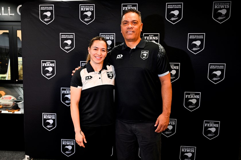 Kiwi Ferns coach Ricky Henry and star fullback Apii Nicholls at the launch of the Pacific Championships in Auckland.