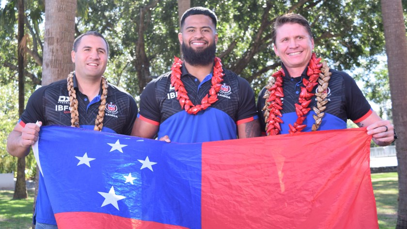 Payne Haas announced his commitment to Samoa at a press conference with team manager Hannan Laban (left) and coach Ben Gardiner (right).