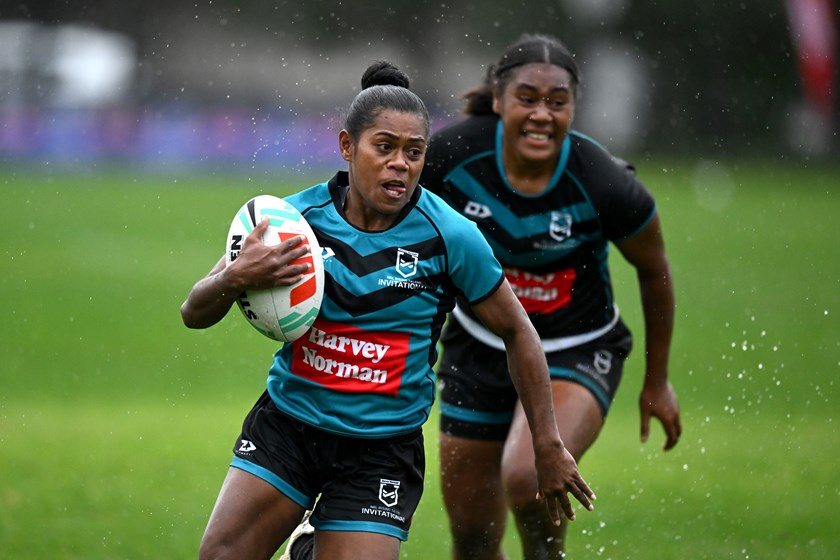 Naomi Tegu gives chase to her Fiji countrywomen Asenaca Diranuve at the Harvey Norman Rising Talent invitational in Newcastle.