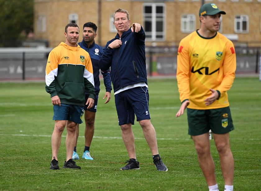 FFRXIII director of rugby Trent Robinson with Kangaroos assistant coach Willie Peters at an opposed training session between the two teams.