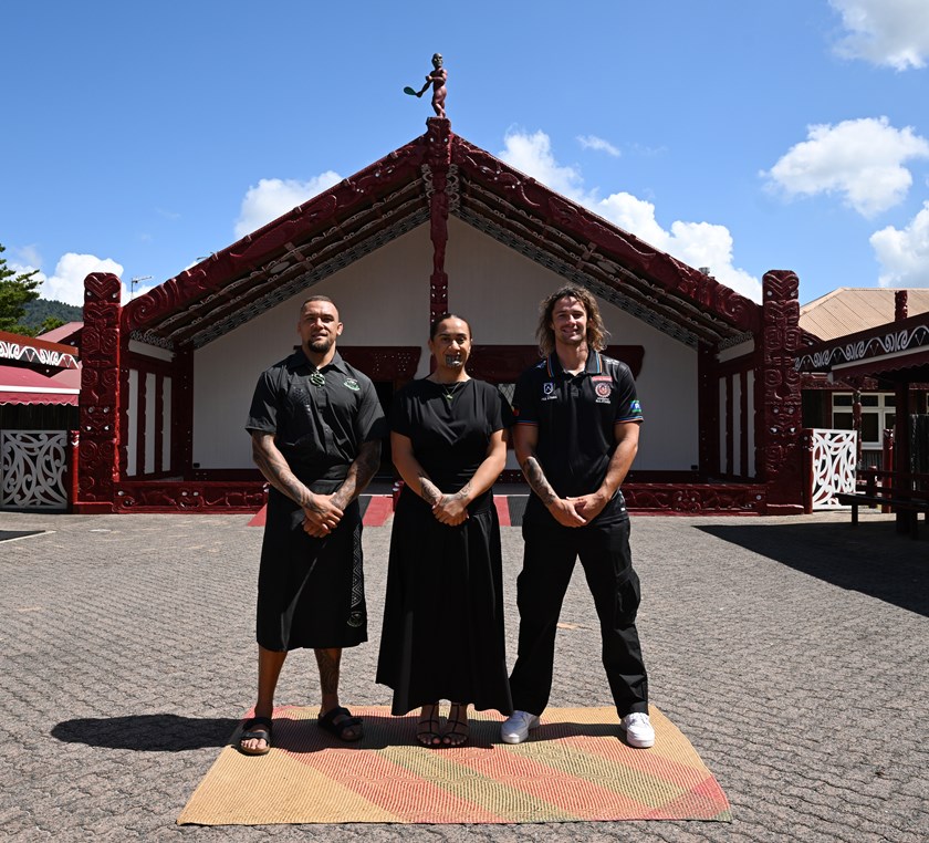 Indigenous captain Nicho Hynes and his Māori counterpart James Fisher-Harris (right) meet the Māori Queen Nga wai hono i te po at Tūrangawaewae marae in Hamilton.