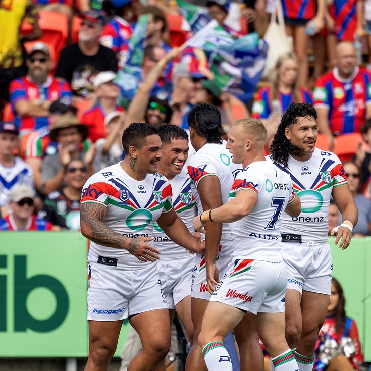 Super Saturday: Warriors roll past Knights; Sharks v Dolphins; Rabbitohs v Wests Tigers