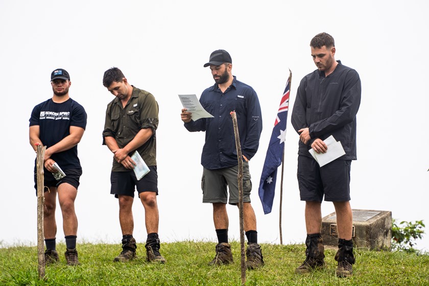 Roosters players delivered a presentation to team-mates on the Australian soldier they had researched while walking Kokoda Track. 