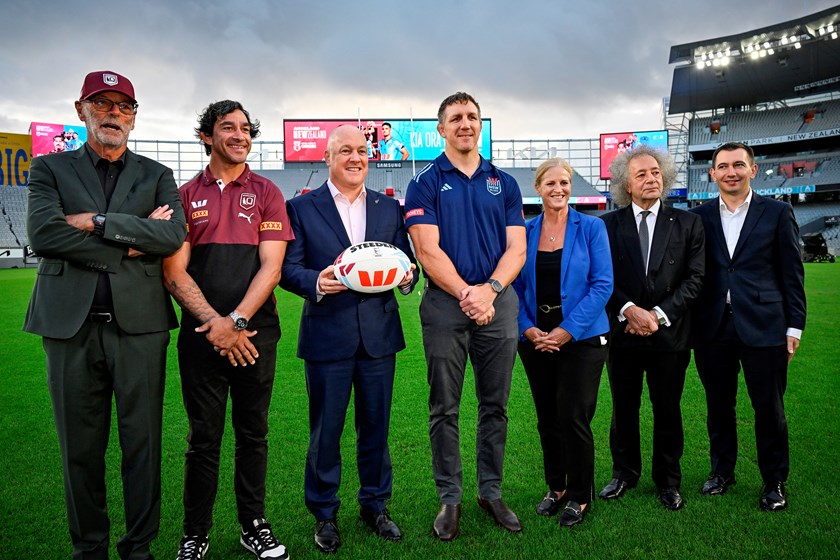 Auckland Mayor Wayne Brown, Johnathan Thurston, NZ Prime Minister Rt Hon Christopher Luxon, Ryan Hoffman, Hon Louise Upton, ARLC Commissioner Dr Gary Weiss and Hon Simeon Brown gather at Eden Park.