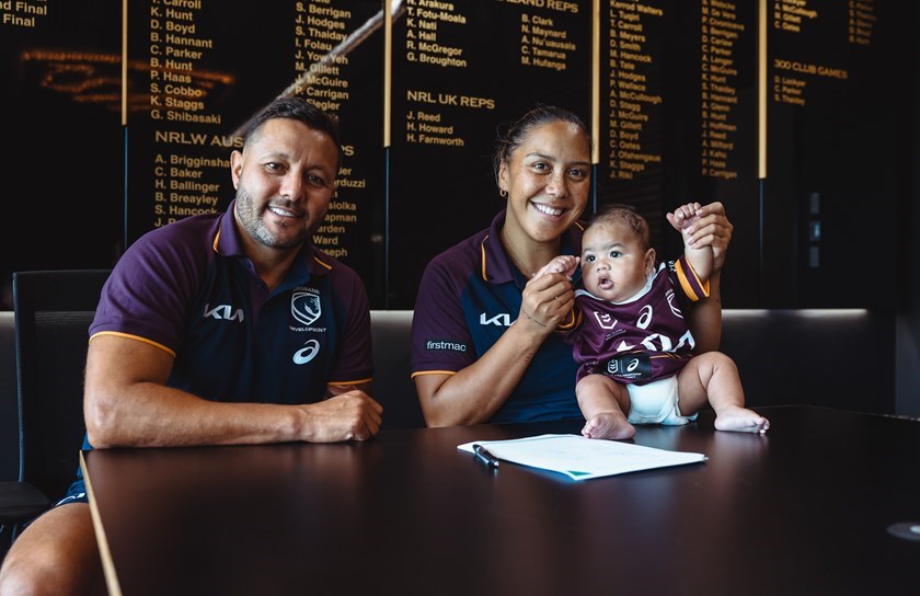 Shannon Mato with son Charnze-Pati as she prepares to return to the NRLW under Broncos coach Scott Prince.