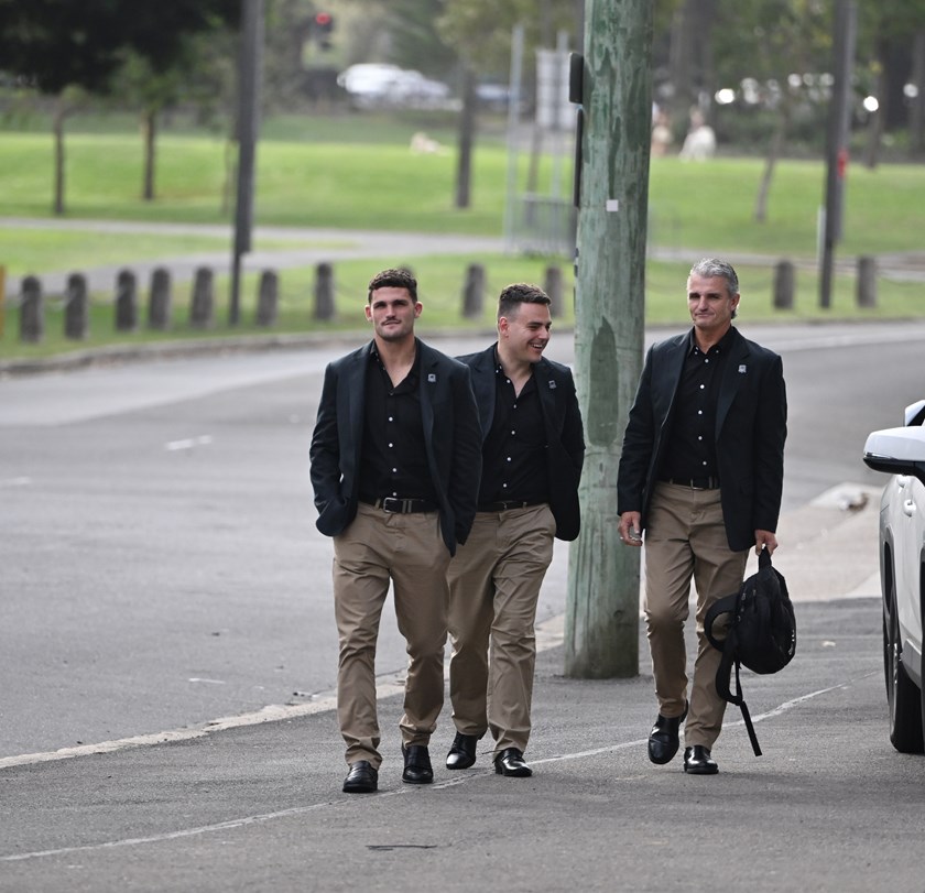 Nathan Cleary arrives at the judiciary with his father and coach, Ivan Cleary, who represented him in the 50-minute hearing. 