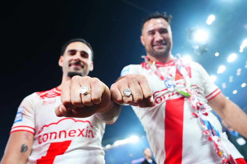 Tyrone May and Peta Hiku show off their Super League premiership rings after Hull KR's grand final defeat of Wigan.