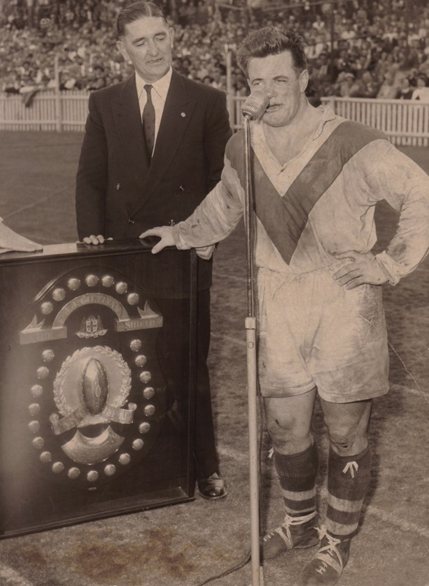 Ken Kearney says a few words after being presented with the JJ Giltinan Shield following St George’s 1957 Grand Final victory.